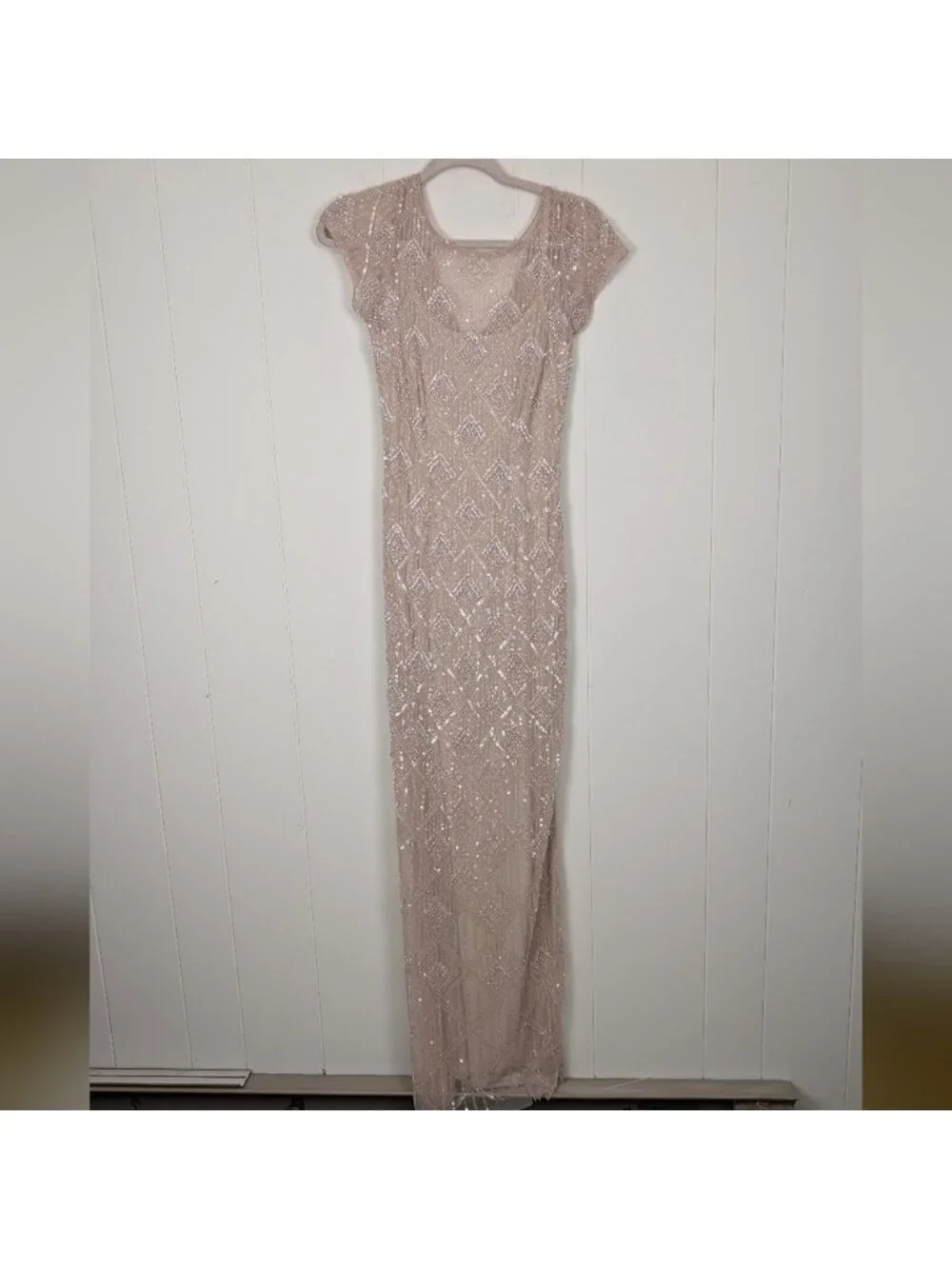 Aidan Mattox Cream Nude Beaded Illusion Gown
